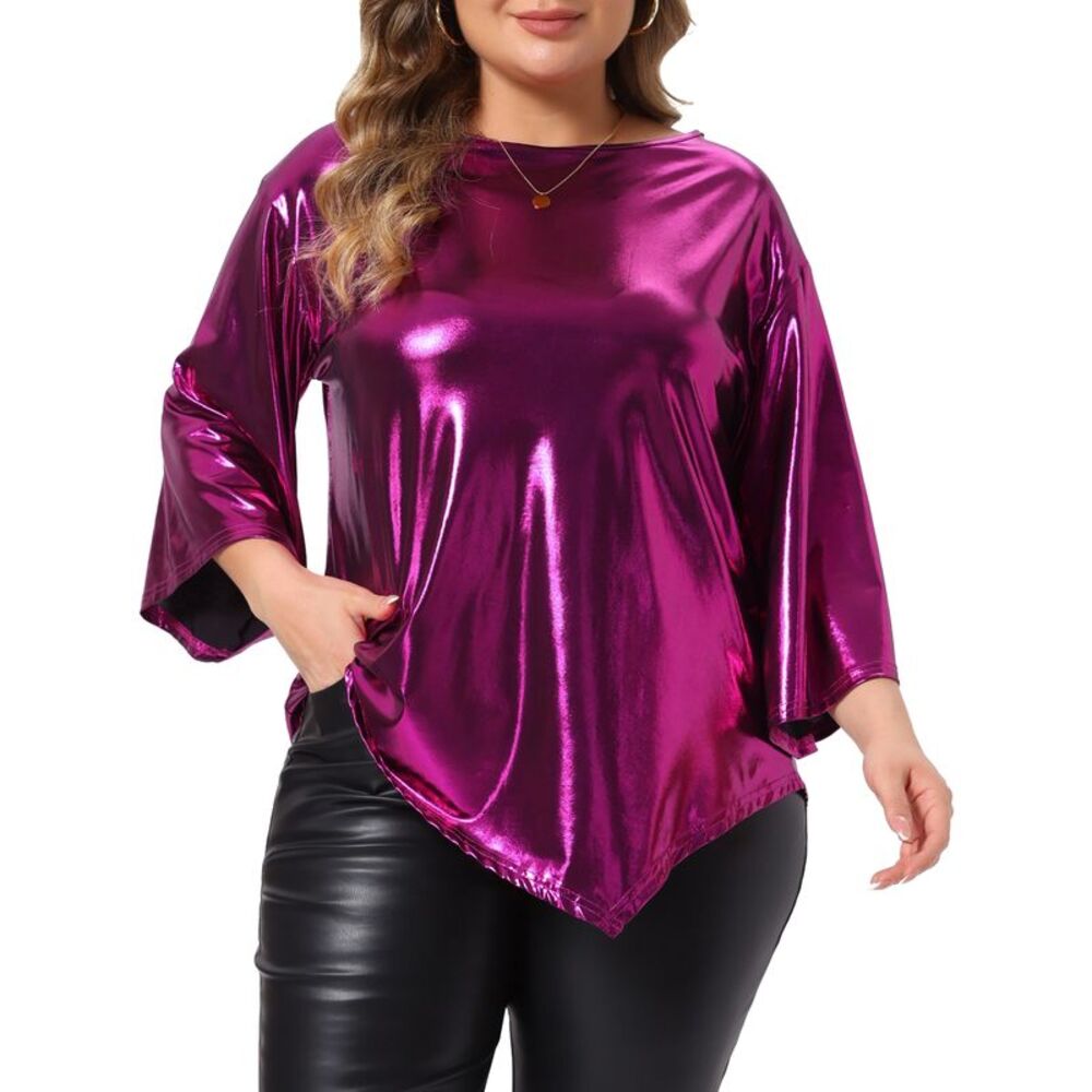 Women Plus Size Metallic Crew Neck 3/4 Bell Sleeve Tops Purple Red